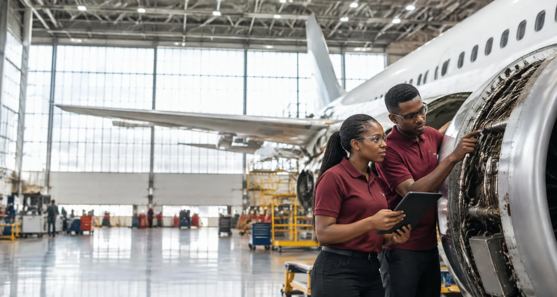 Illustrative aerospace engineers working together on an aircraft engine